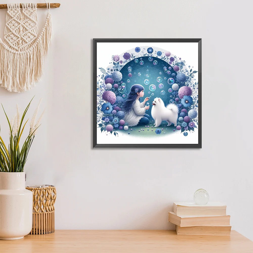 Full Round Diamond Painting 30*30cm - Girl And Samoyed Dog