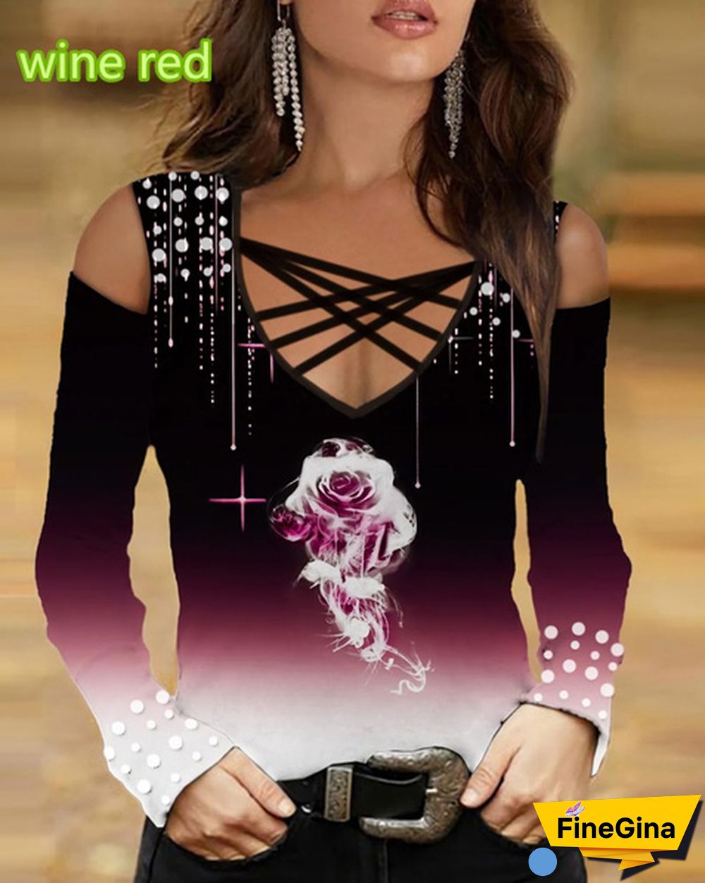 Women's T-shirt Spring and Summer New Fashion Women's Strapless Long Sleeve Flower Printed Slim Strap Cross Neck V-neck T-shirt Soft and Comfortable Thin Top XS-5XL