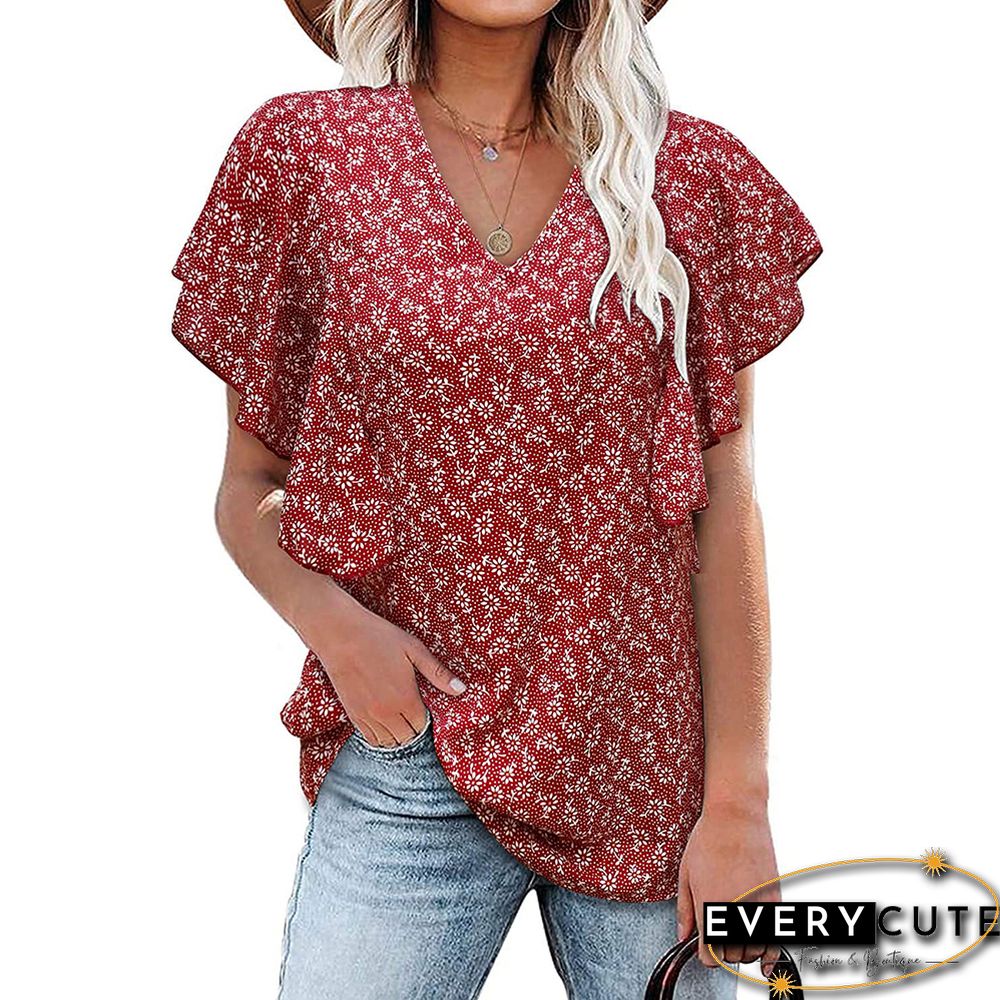 Red V Neck Floral Print Ruffle Short Sleeve Tops