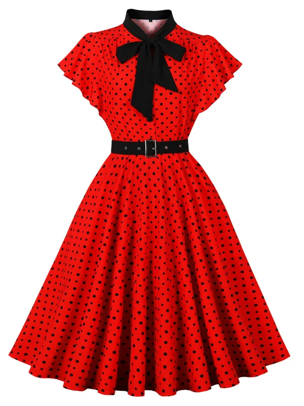 Vintage Evening Party Dot Print Belted Midi Dress