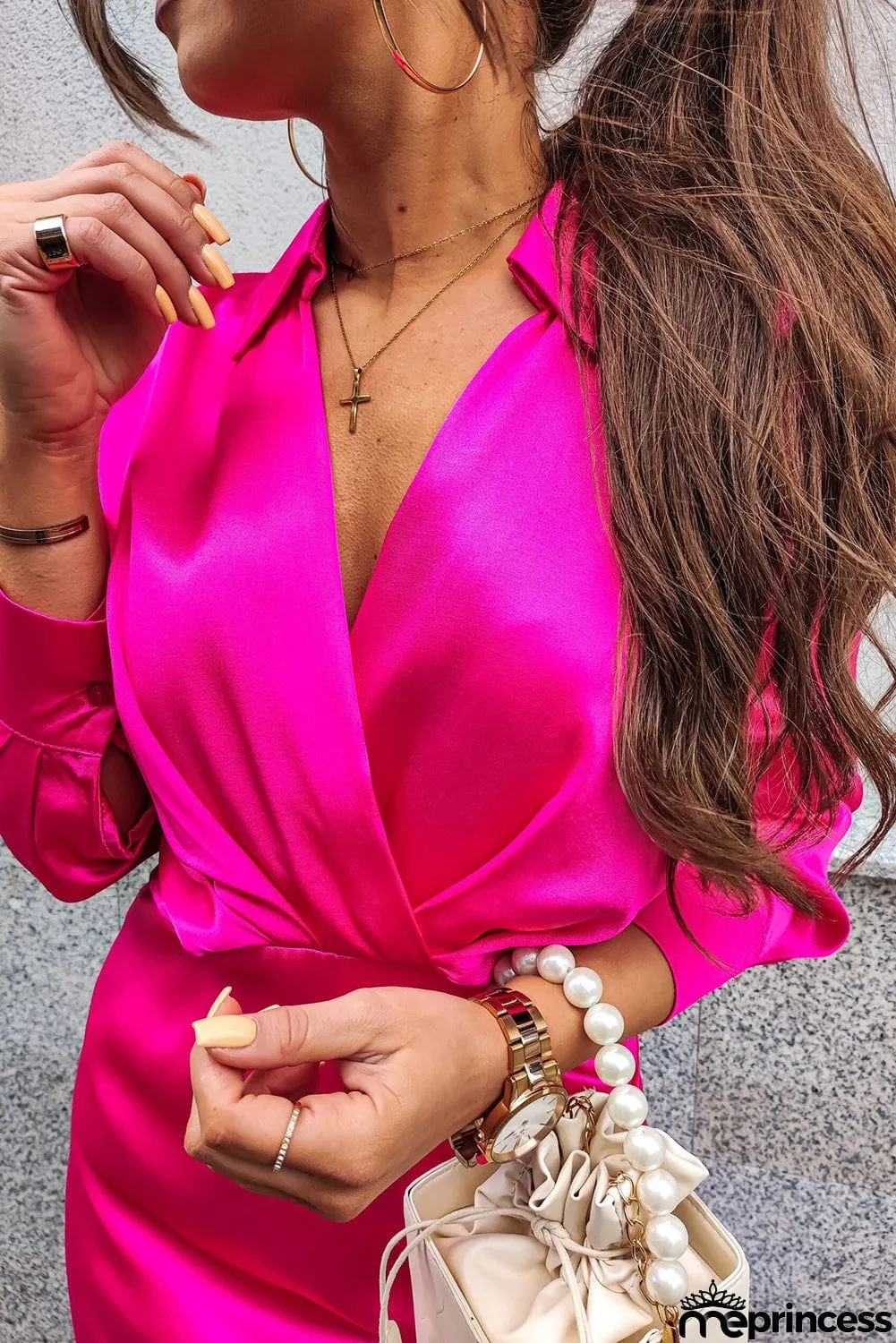 Satin V Neck Wrap Shirt Dress