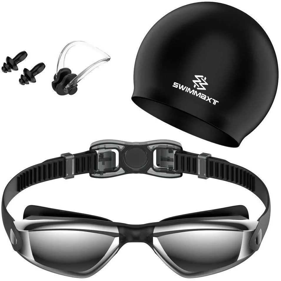 Swimming Goggles + Nose Clip + Ear Plugs, Anti Fog UV Protection for Adult Men Women Youth Kids Child (Pro-Black)