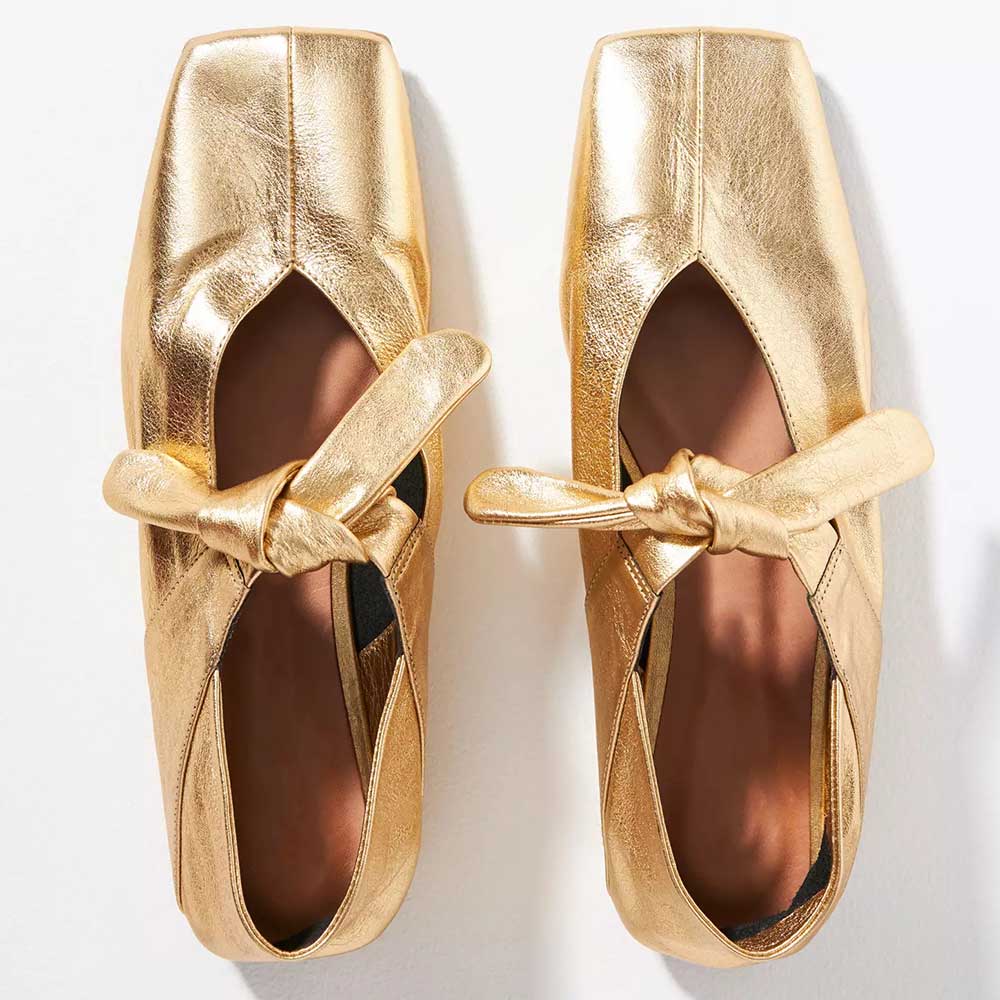 Gold Metallic Square Toe Slip-On Flat Mary Jane Shoes with Knot Nicepairs