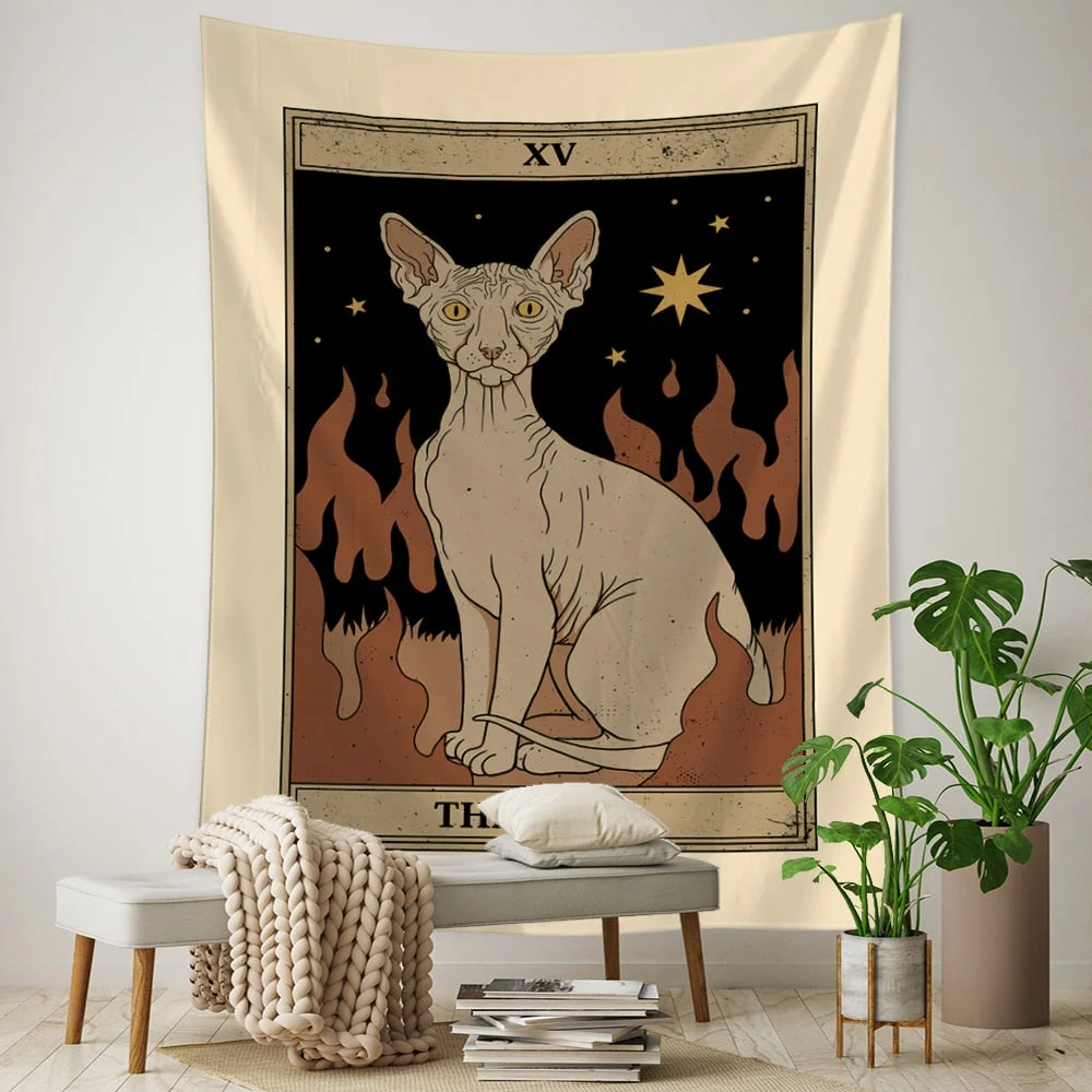 Tarot Card Tapestry Wall Hanging Bohemian Style Cat Mysterious Divination Witchcraft Beach Moon Phases Beautiful Room Decor