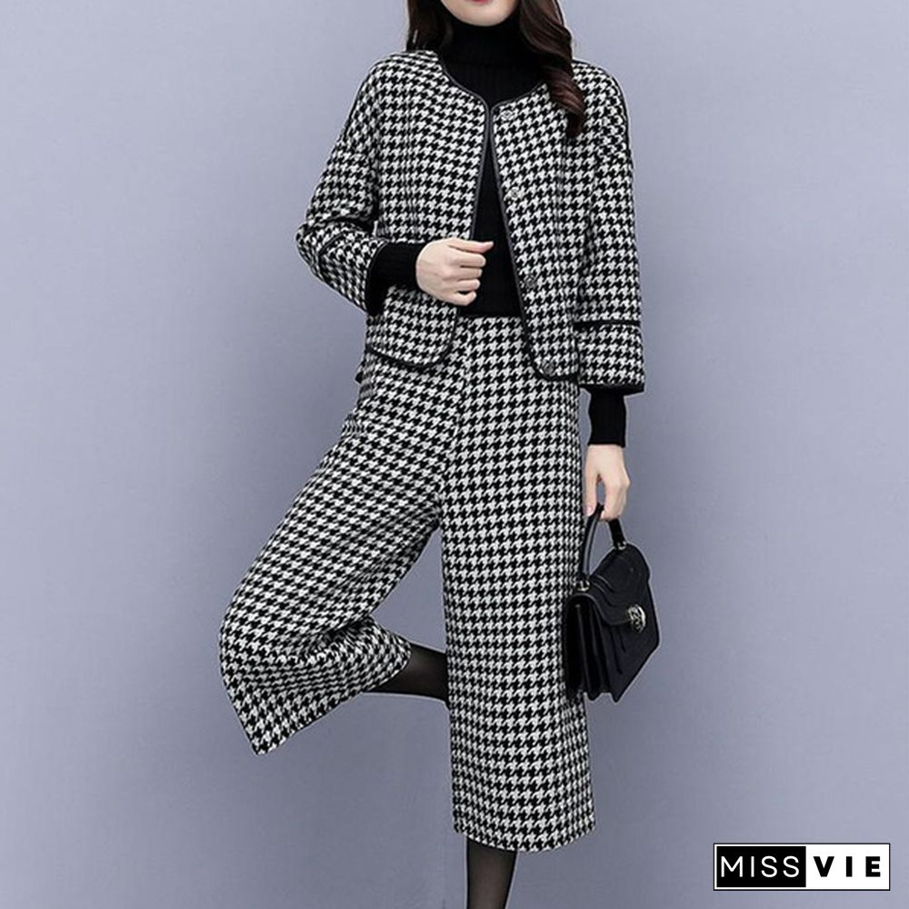 Autumn Winter Two Piece Sets Outfits Women Woolen Coat And Cropped Wide Leg Pants Suits Office Elegant Sets