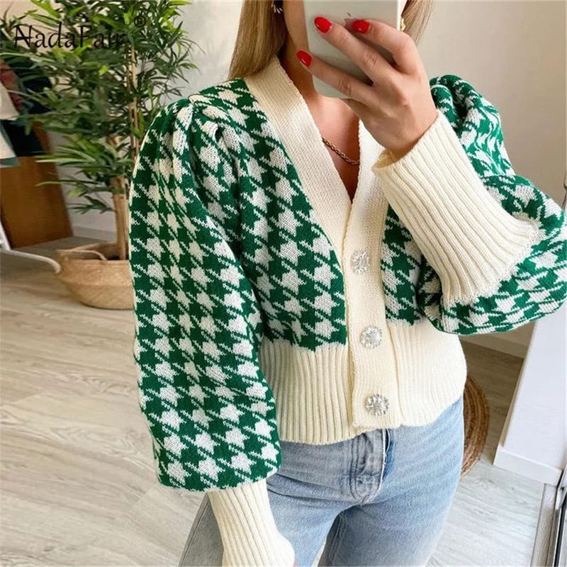 Christmas Gift Nadafair Houndstooth Cardigan Green Lantern Sleeve Fashion Y2K Winter 2023 Women Plaid Streetwear Oversized Casual Sweater Coat