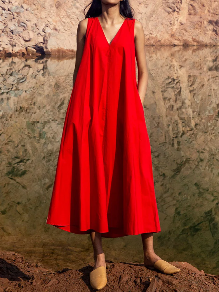 V-neck sleeveless midi A-line dress