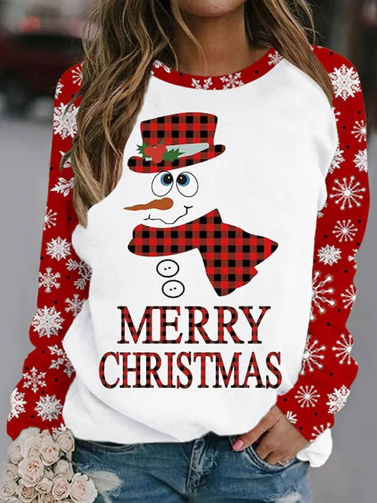 Vefave Christmas Snowman Print Contrast Sweatshirt