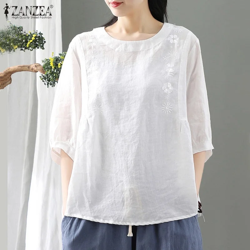ZANZEA Women Vintage 3/4 Sleeve Cotton Tops Elegant Floral Shirt Casual Solid Work Blusas Oversize Summer Embroidery Blouse