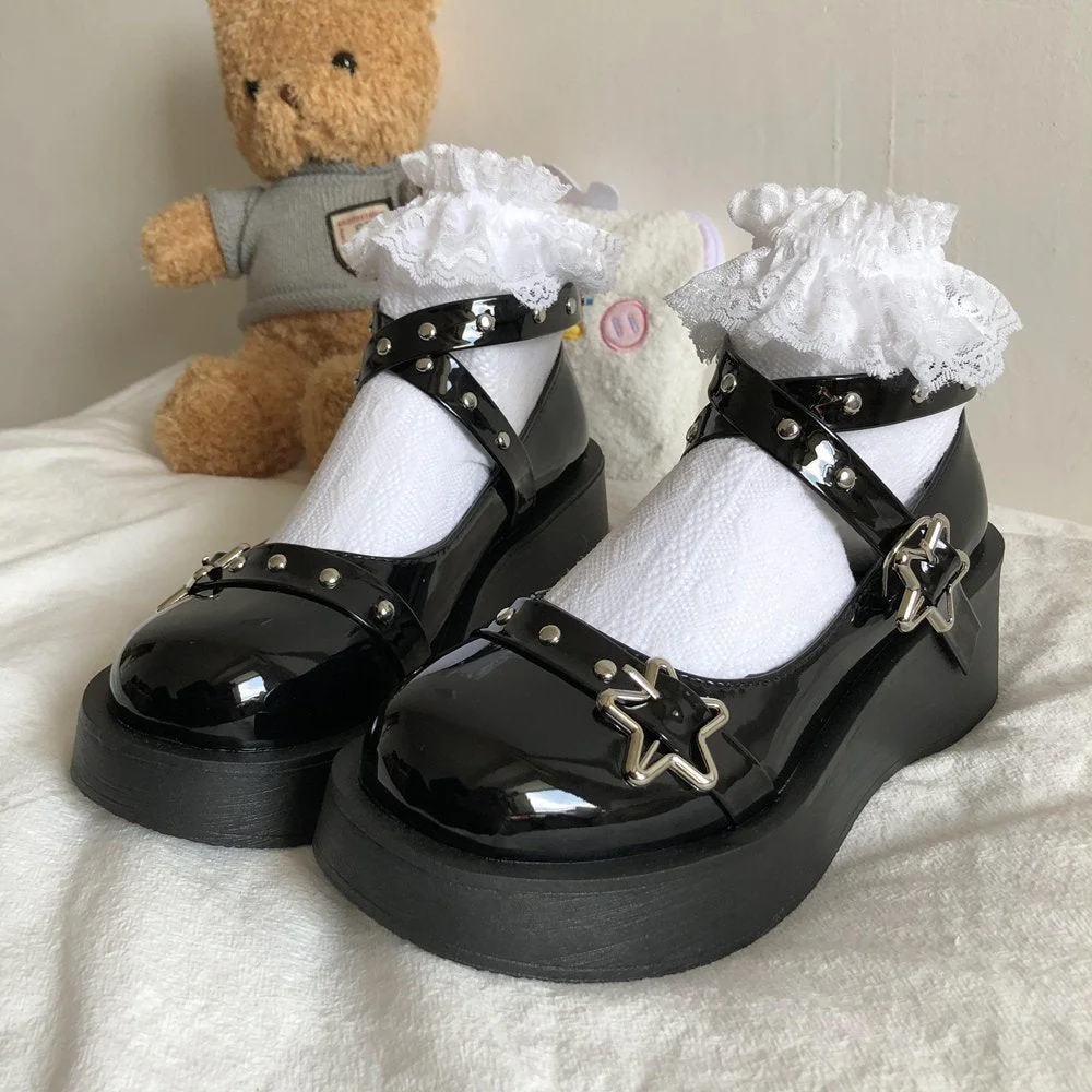 Japanese Lolita Shoes Star Buckle Strap Mary Janes Women Cross-tied Platform Shoe Patent Leather Girls Rivet Casual Shoes