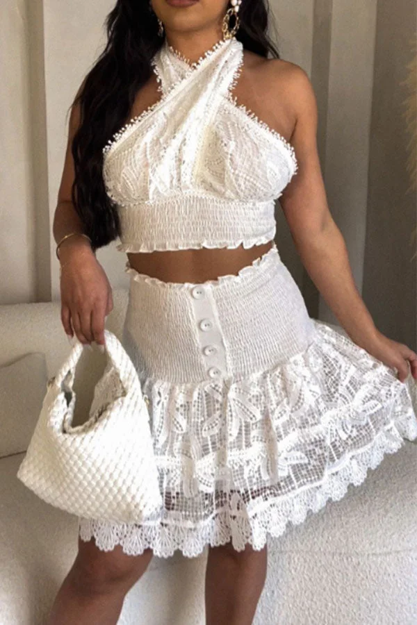 Lace Strap Shirred Sweet Cross Halter Skirt Suit
