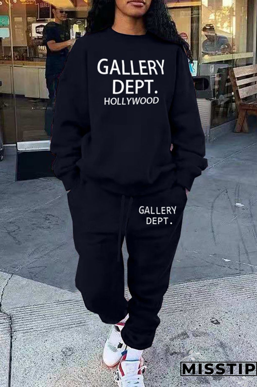 Black Casual Street Print Patchwork O Neck Long Sleeve Two Pieces