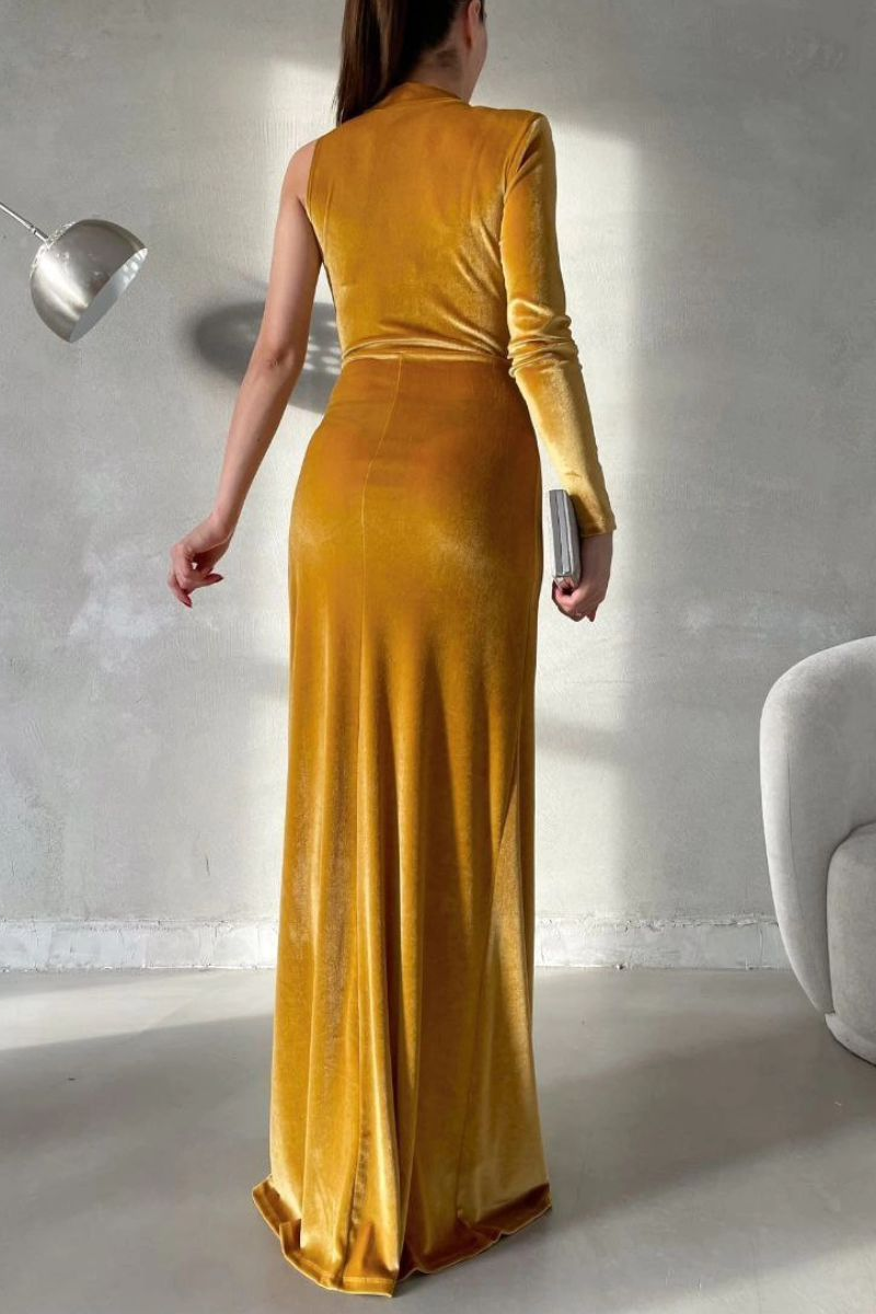 Miabel Charming Black Velvet One Shoulder Long Sleeves Long Prom Dress with High Split 