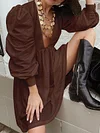 Plain Deep V-Neck Puff Sleeves Loose Casual Mini Dress