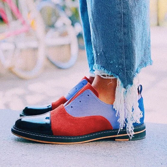 2020 Oxford Shoes Woman Carving Pointed Toe Slip on Creepers bling Leather Shoes Women Color match Flats Office Party Shoes