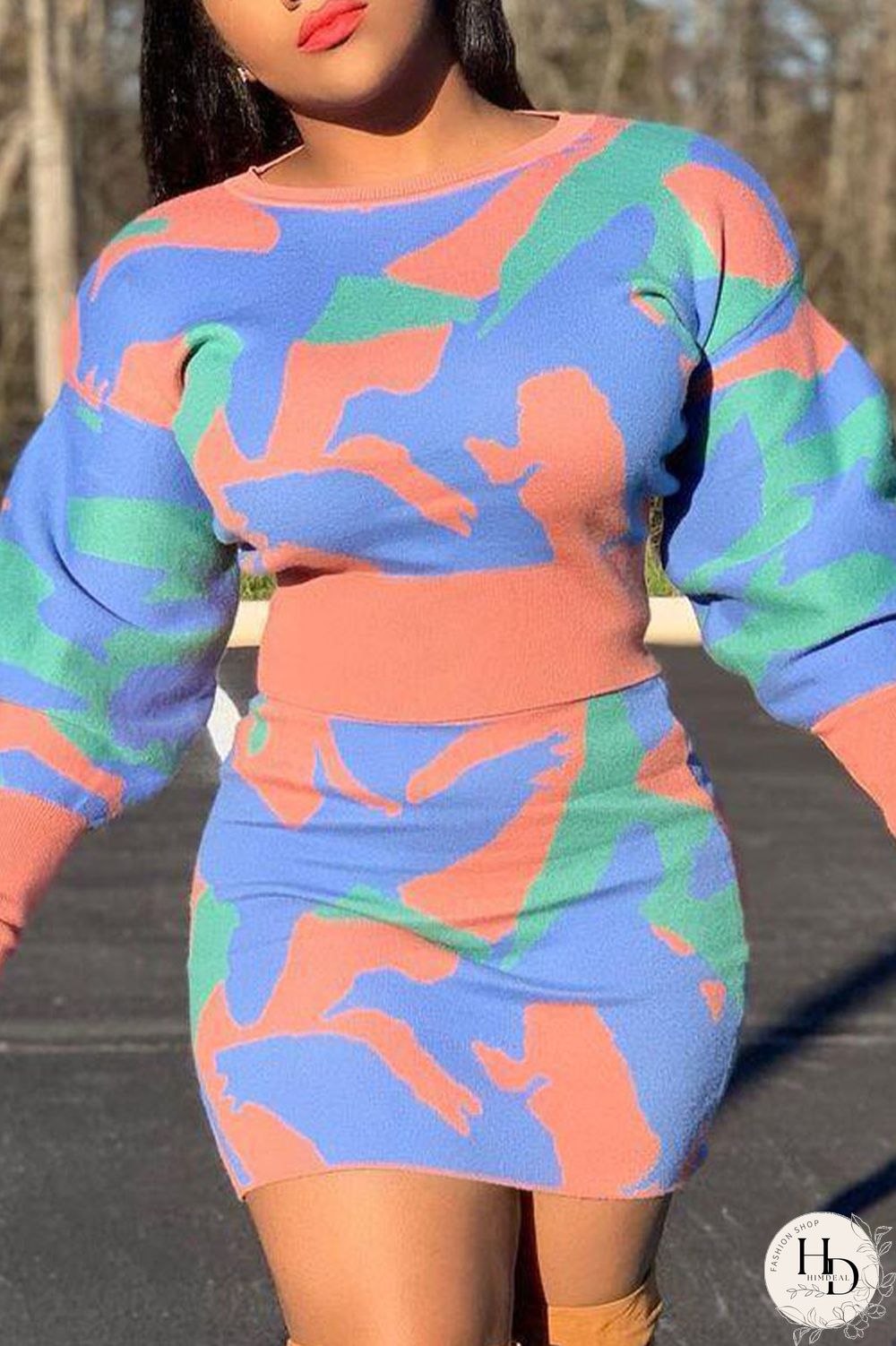 Black And White Casual Print O Neck Long Sleeve Two Pieces