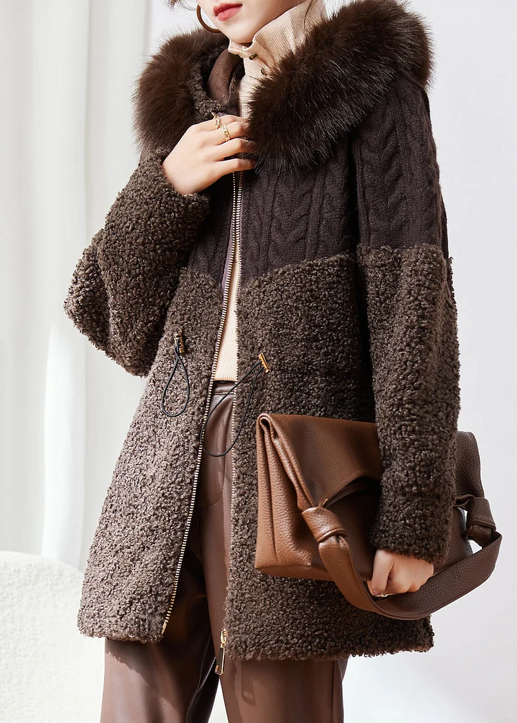 New Fashion Coffee Knitted Patchwork Faux Fur Thick Hooded Coats Winter