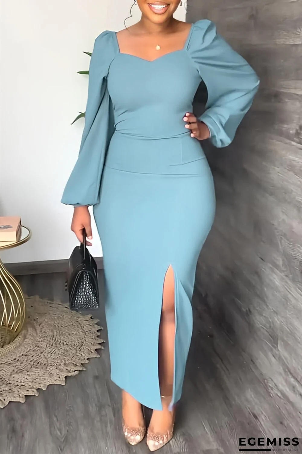 Blue Fashion Casual Solid Slit Square Collar Long Sleeve Dresses | EGEMISS