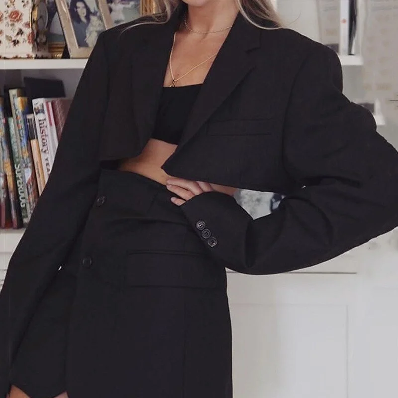 BOOFEENAA Business Chic Solid Padded Cropped Jacket Blazer and Skirt Suits Two Piece Set Women Outfits Matching Sets C92-EE39