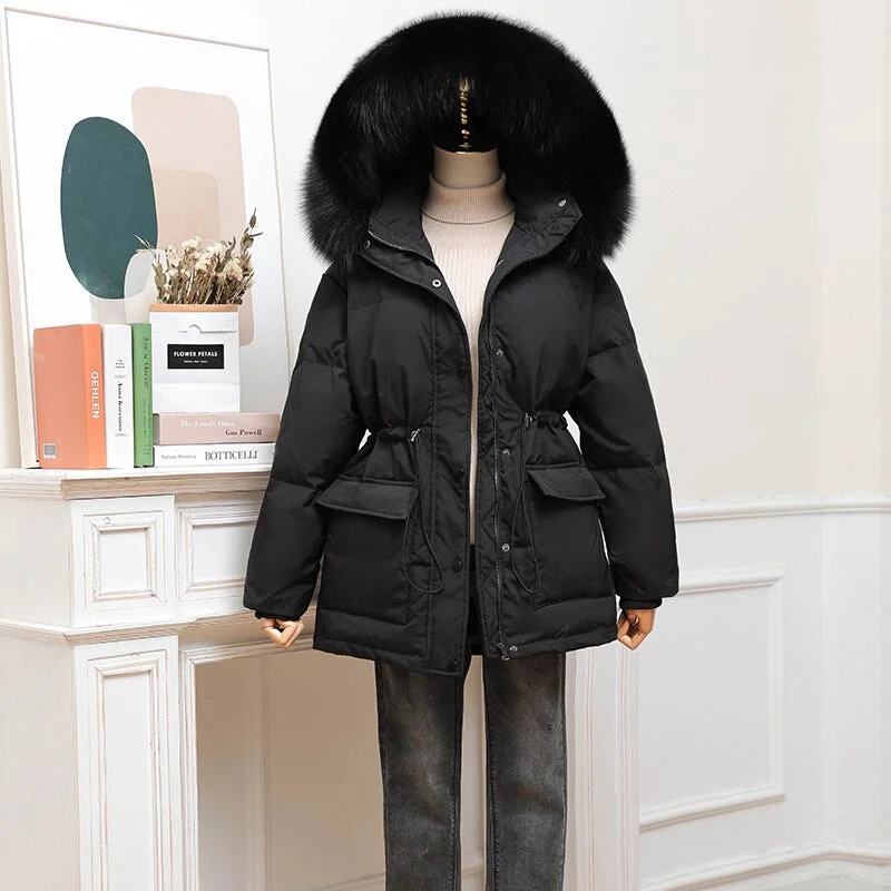 FTLZZ New Winter Women Thick Warm Large Real Fur Hooded Down Jacket 90% White Duck Down Coat Waist Retractable Parker Overcoat