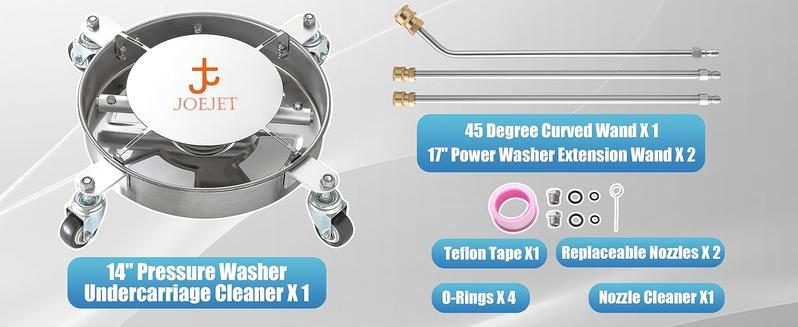Product Introduction of Undercarriage Pressure Washer Attachment. Undercarriage Cleaner with 4 Wheels. 14 Inch . 3 Power Washer Extension Wands. 4000 PSI carwasher 3