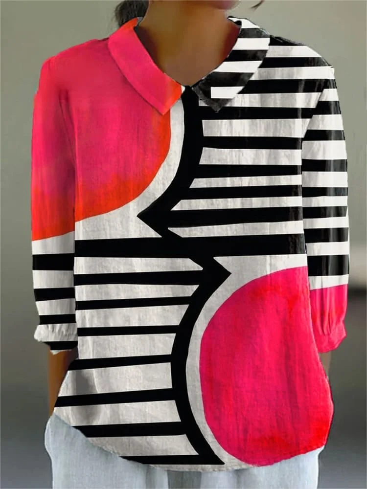 Women's Vintage  Abstract Geometry Print Casual Cotton And Linen 3/4 Sleeve Shirt