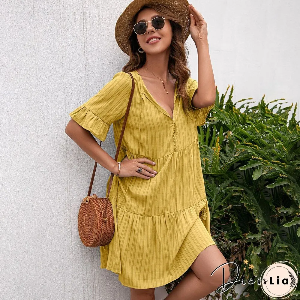 Summer Womens Short Sleeve Dress-Fashion Casual V-Neck Solid Tassel Butterfly Loose Mini