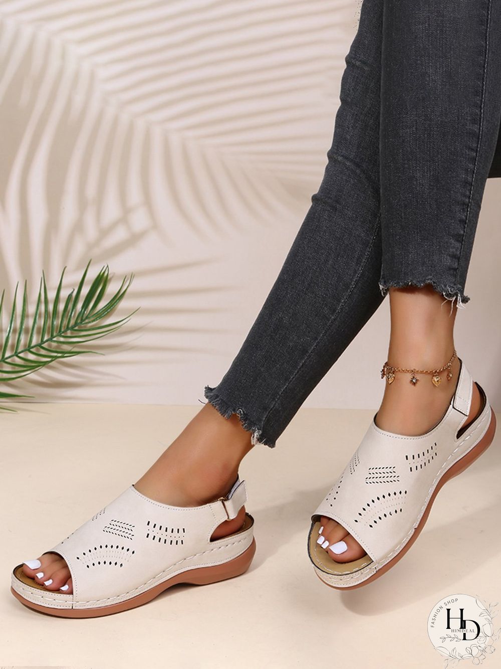 Cutout Velcro Vintage Casual Velcro Wedge Sandals