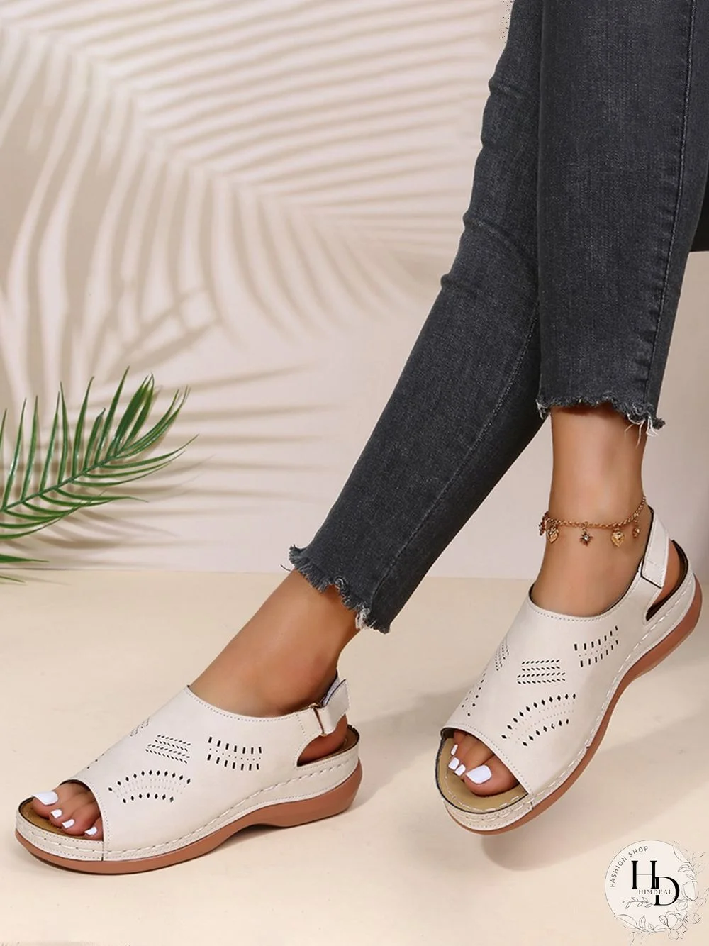 Cutout Velcro Vintage Casual Velcro Wedge Sandals