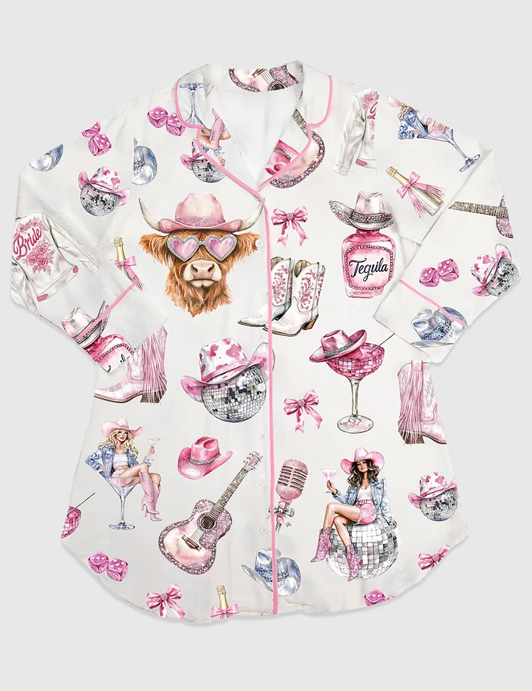 Women&rsquo;s Western Cowgirl Highland Cow Long Sleeve Satin Sleep Shirt