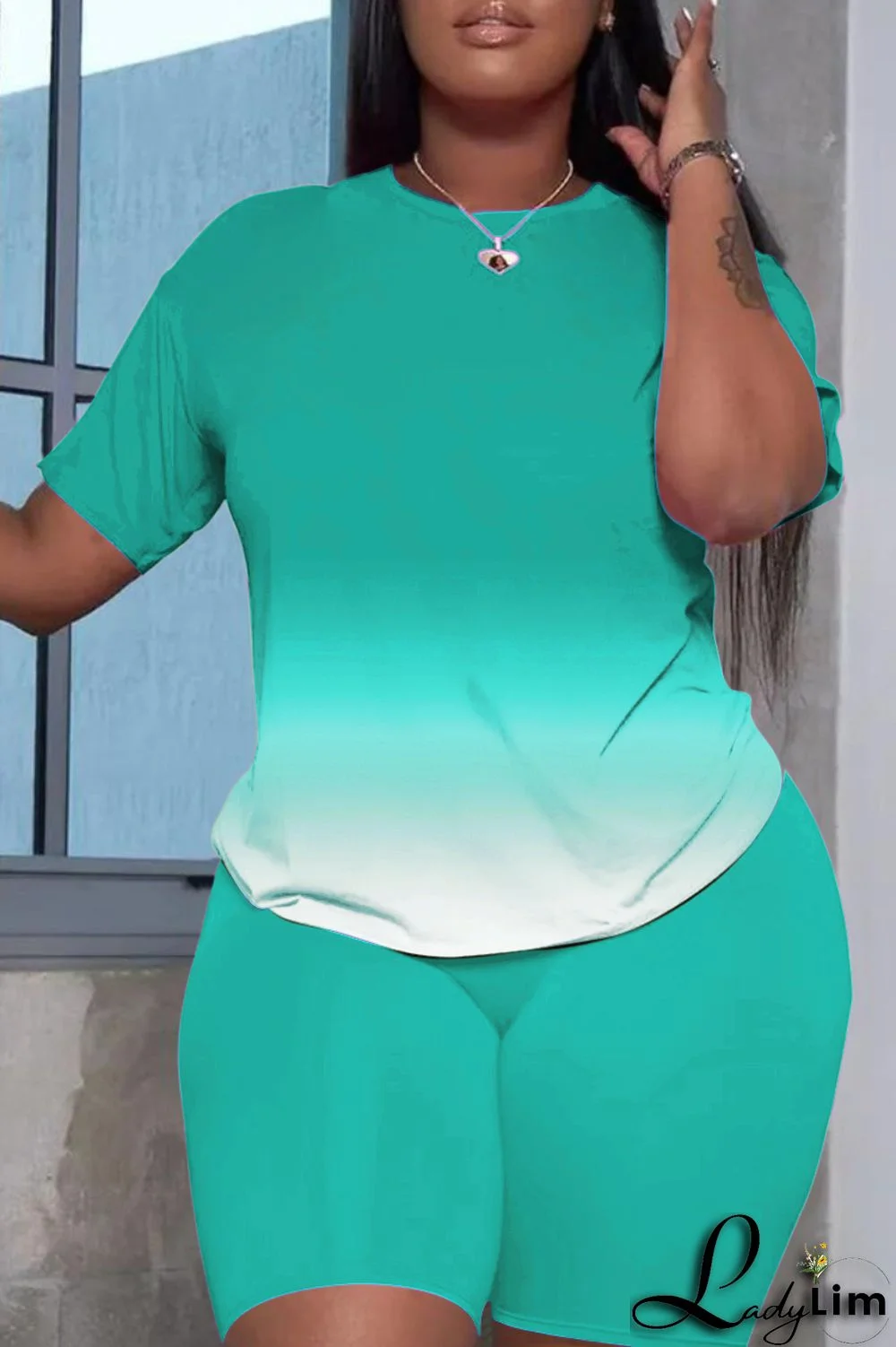 Grey Fashion Casual Street Sportswear Gradual Change Solid O Neck Plus Size Two Pieces