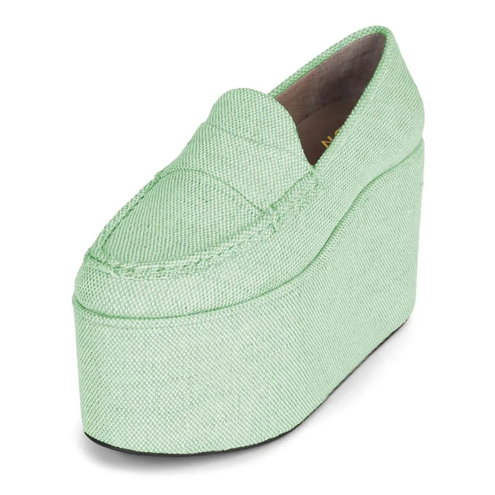 Round Toe Platform Wedge Heel Loafer Shoes Women in Light Green