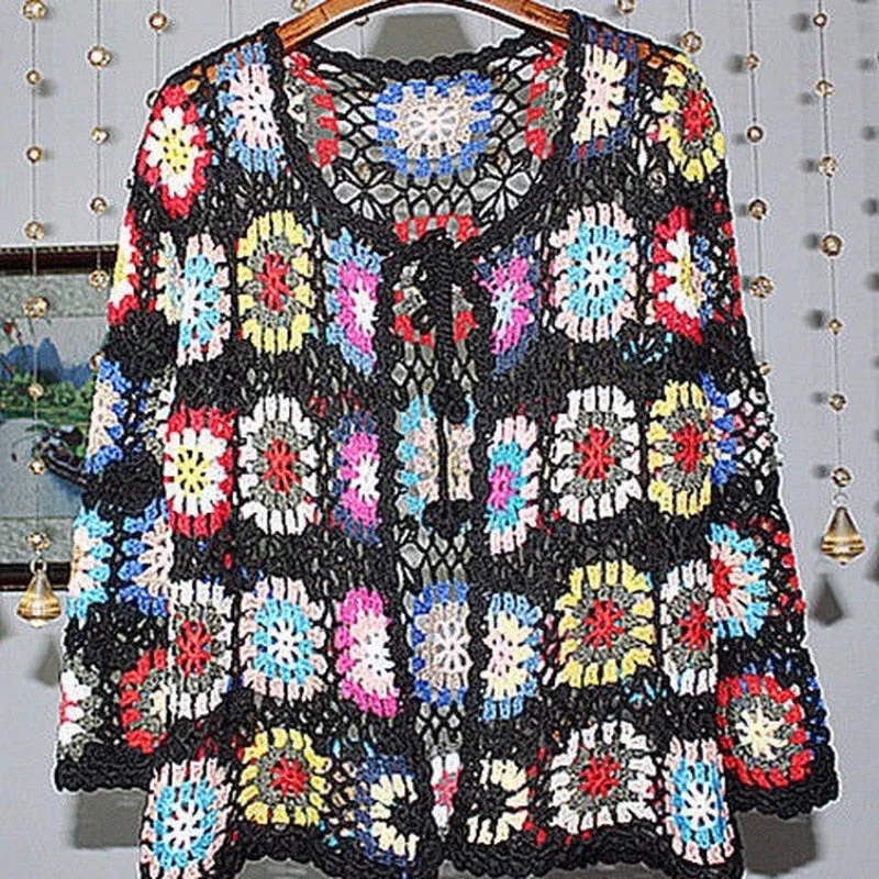 Retro hollow long-sleeved cardigan 2021 spring and autumn new women's ethnic style coat crocheted sweater