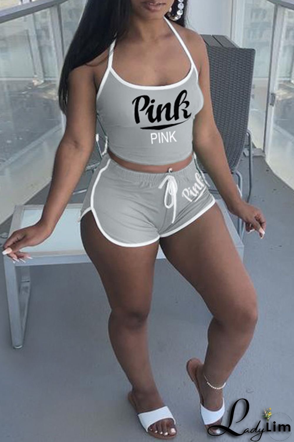 Burgundy Sexy Casual Letter Print Backless Halter Sleeveless Two Pieces