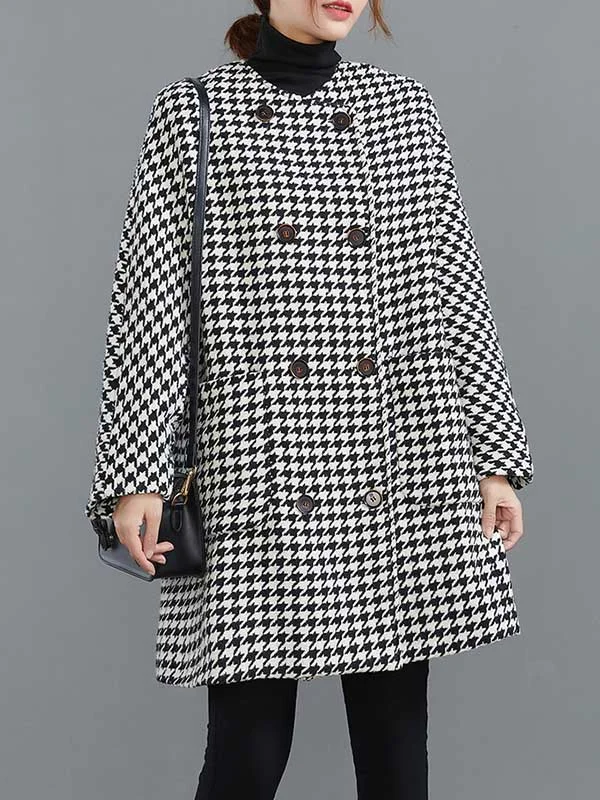 Roomy Houndstooth Buttoned Round-Neck Long Sleeves Woolen Coat
