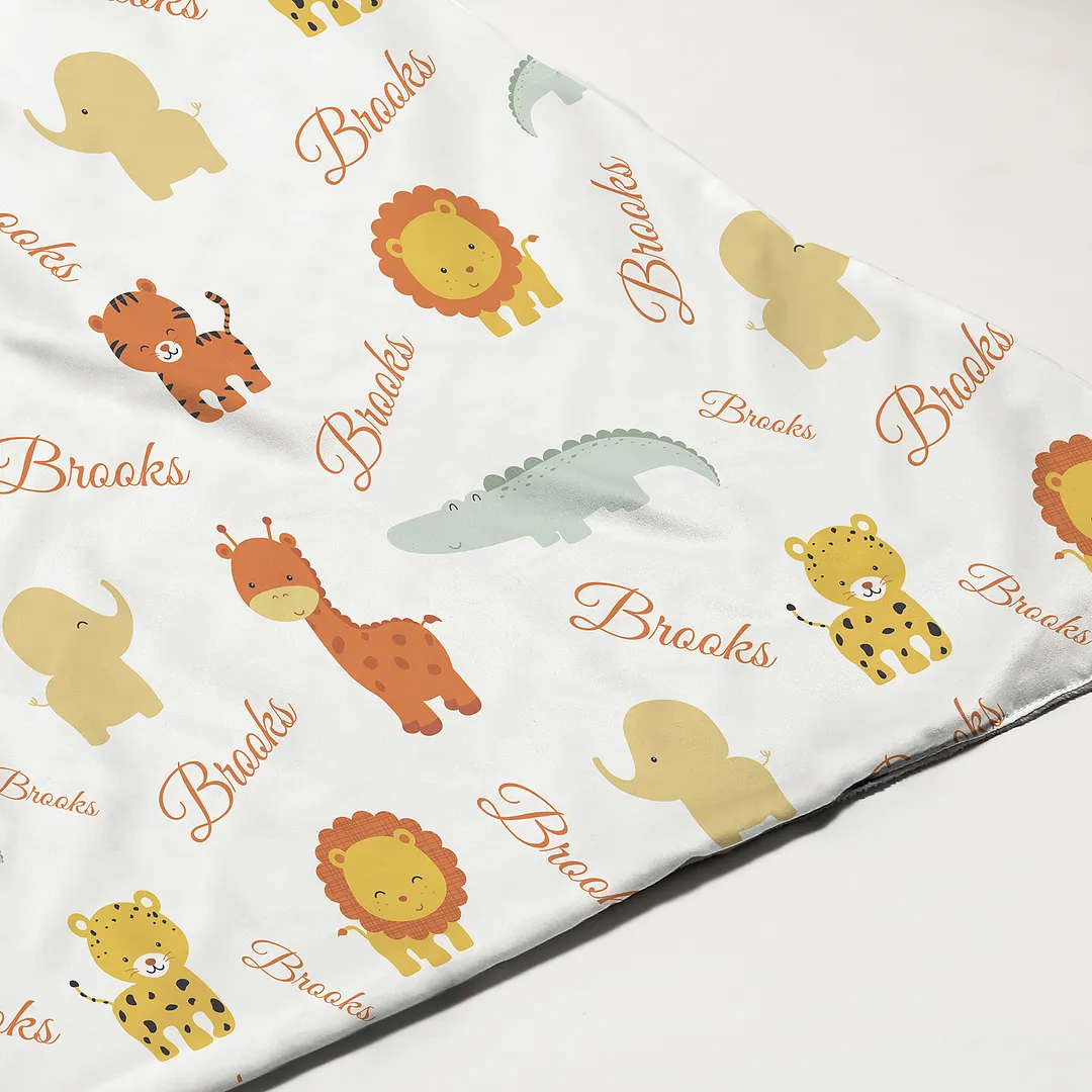 Lion & Elephant Personalized Baby Boy Name Blanket 