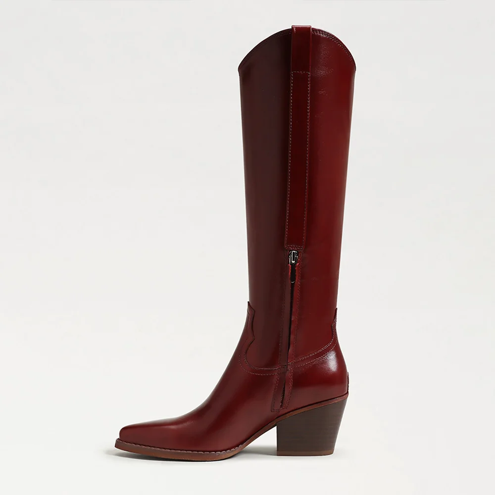 Women's Maroon Mid Block Heel Pointed Toe Western Boots with Zipper