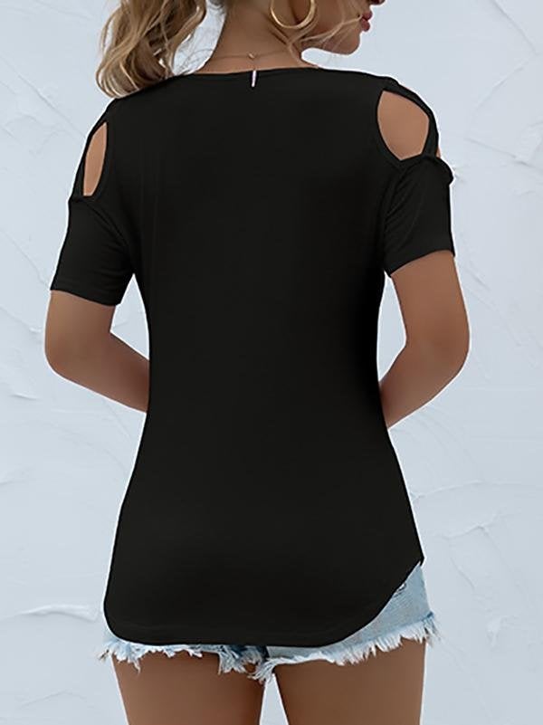 Solid Round Neck Short Sleeve Off-shoulder T-shirt