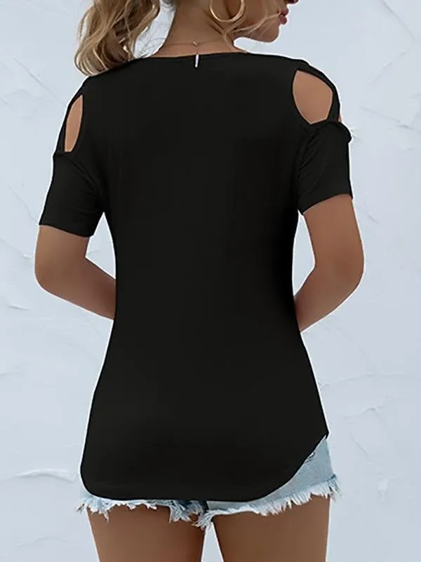 Solid Round Neck Short Sleeve Off-shoulder T-shirt