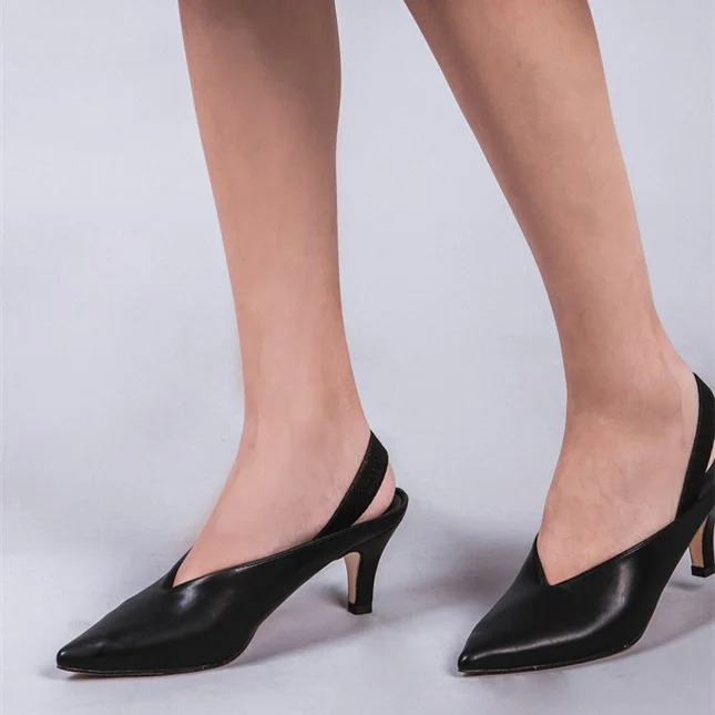 Black Pointy Toe Slingback Heels Cone Heel Pumps Office Shoes |FSJ Shoes