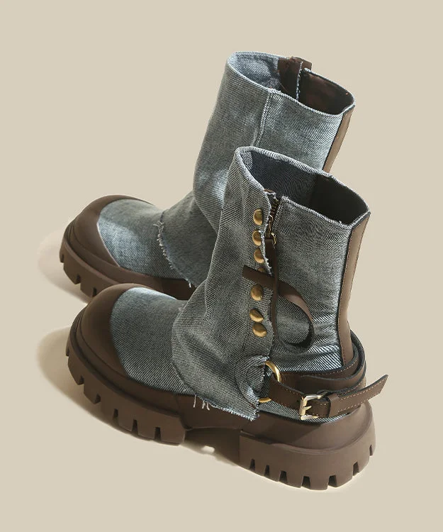 Blue Platform Cowhide Leather Splicing Denim Boots