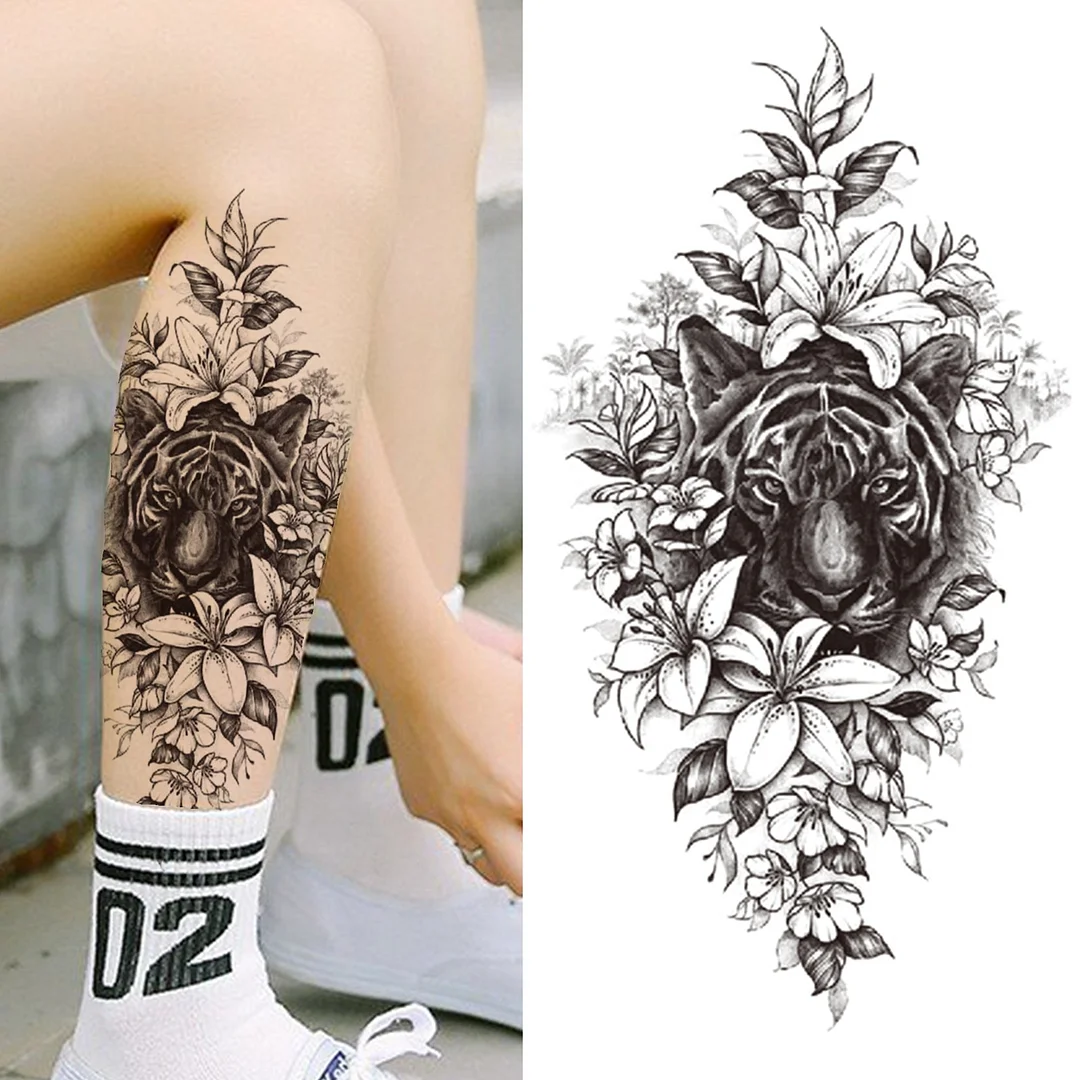 Black 3D Rose Temporary Tattoo For Women Girls Adult Peony Dahlia Flower Tattoos Sticker Black Flora Glory Geometric Arm Tatoos