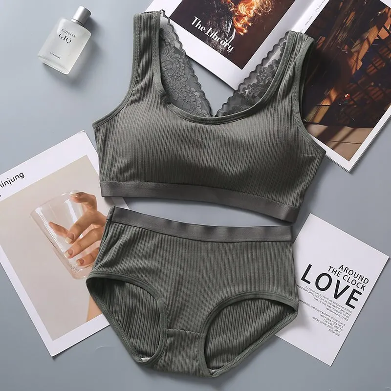 Billionm Large Size Bra&beiefs Set for Women Wireless Padded Underwear Suit Lace Striped Seamless Lingerie Set New