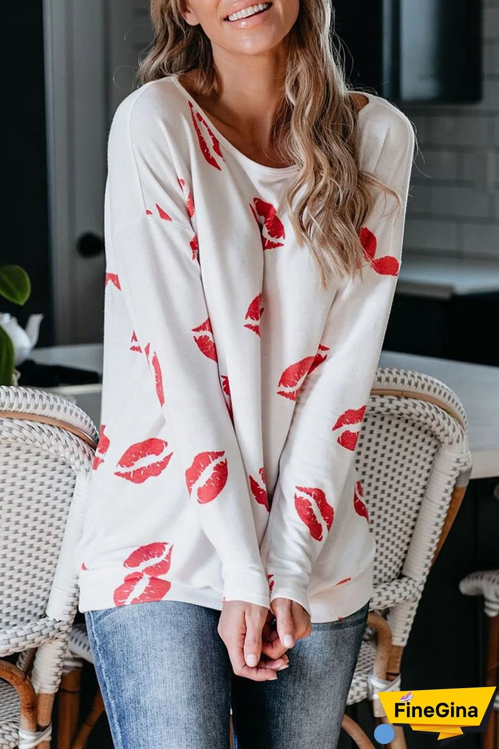 Lip Print Long Sleeve Casual T-Shirt