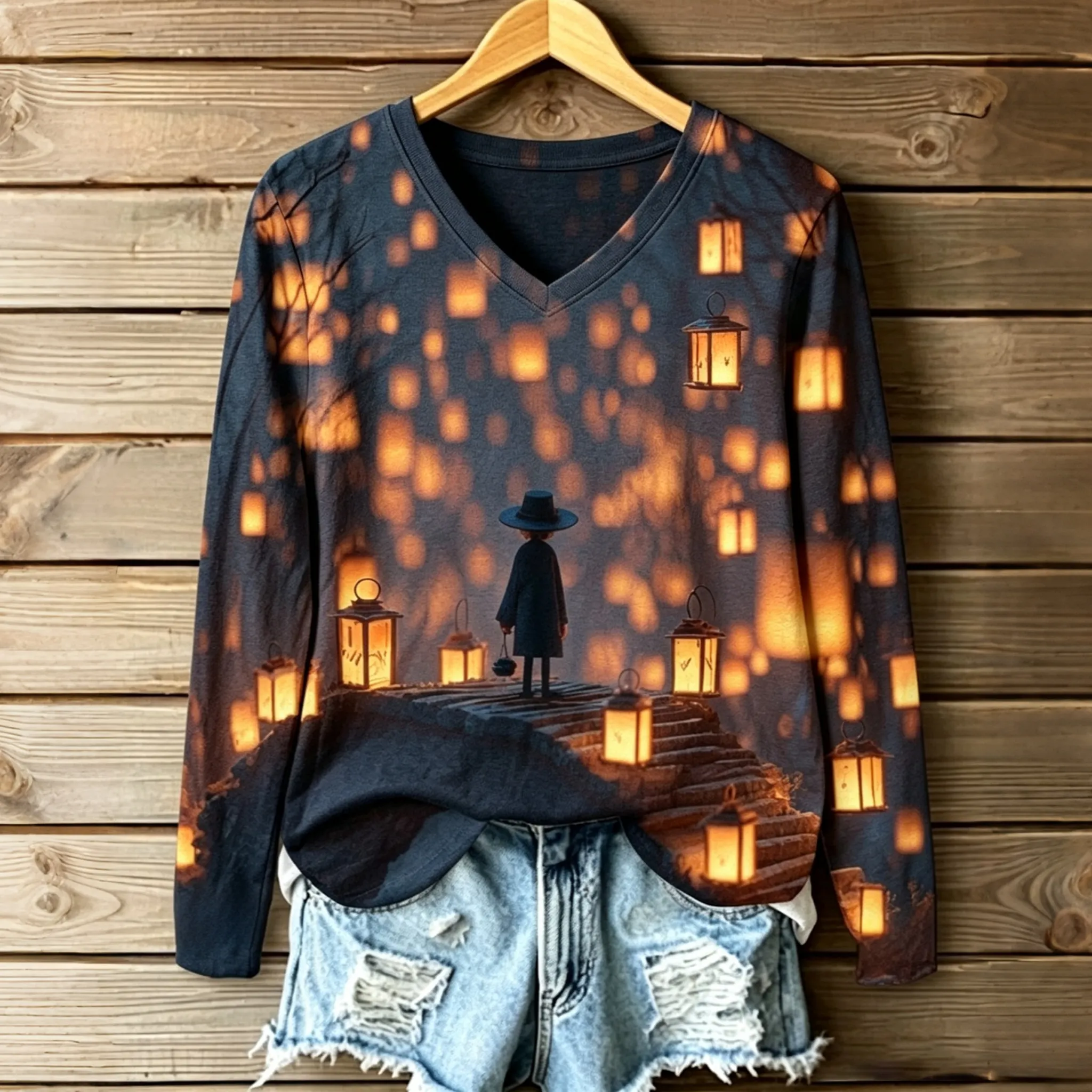Comstylish Women's Dreamy Lantern Night Graphic Print Long Sleeve T-shirt