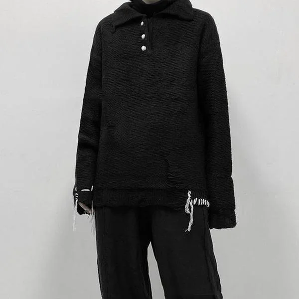 Fashion Loose Black Turn-down Collar Splicing Hole Tassel Long Sleeve Sweater