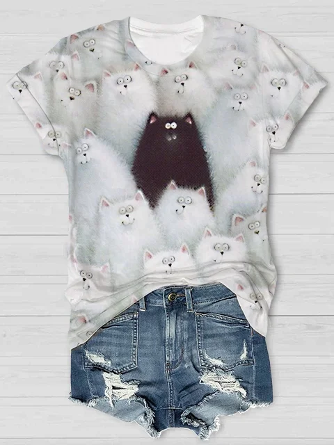 Women's Watercolor Cat Print Casual T-Shirt