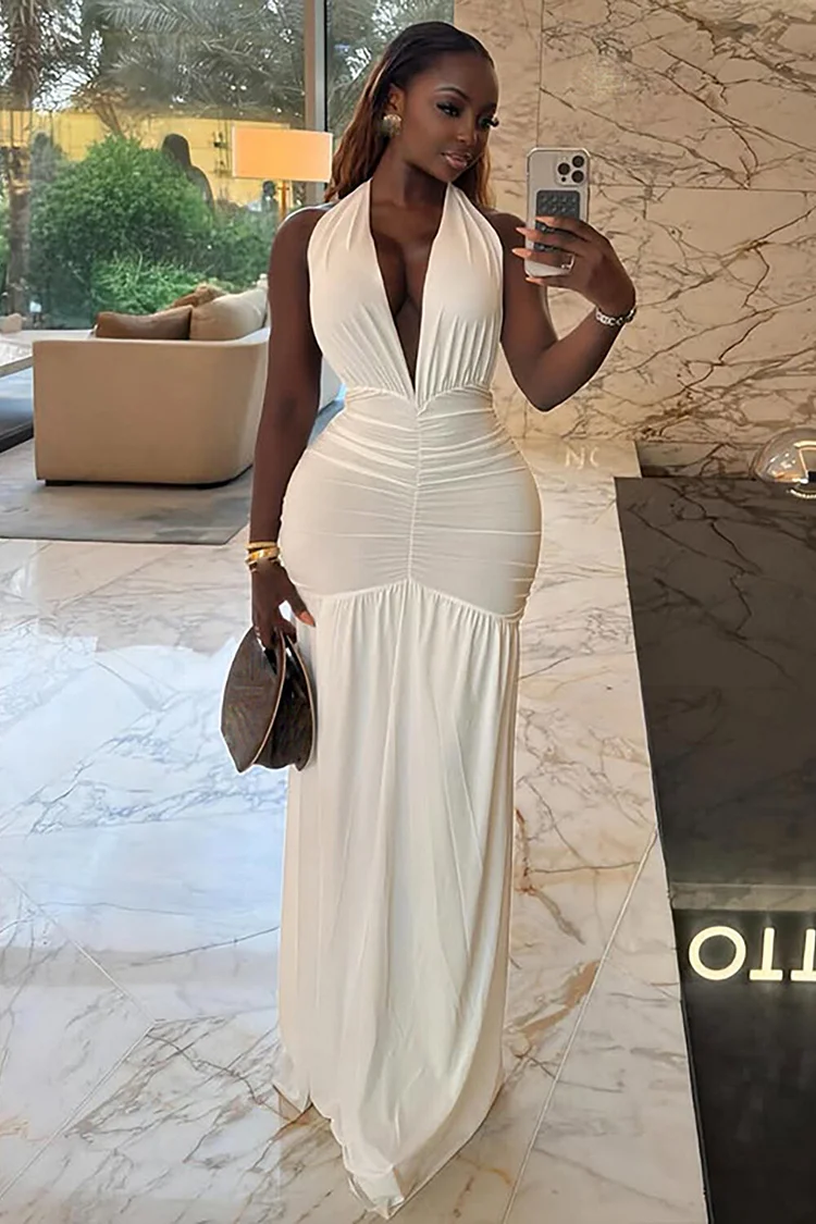 Deep V Neck Ruched Semi-Fitted Solid Color Halter Maxi Dresses-White