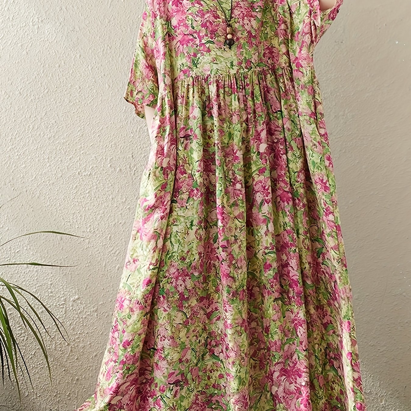 Plus Size Floral Print Dress, Casual Crew Neck Loose Dress