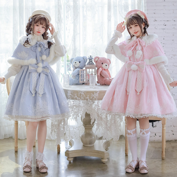 S M Pink Blue Kawaii Snow Fluffy Princess Dress And Cloak Sp171